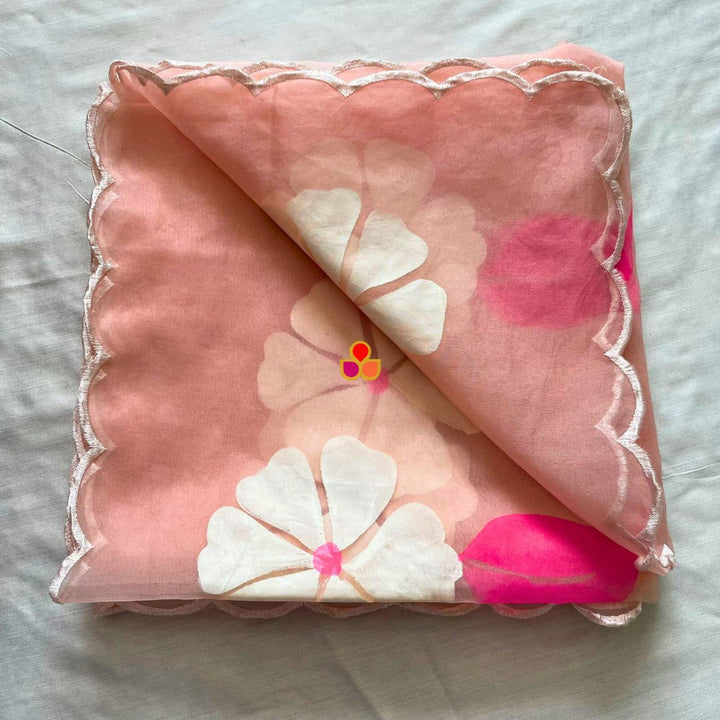 anokherang Dupattas Soft Peach Floral Hand Painted Organza Dupatta