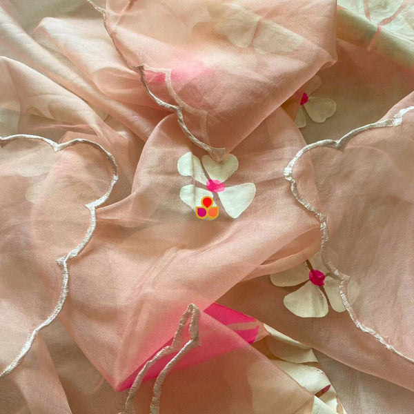 anokherang Dupattas Soft Peach Floral Hand Painted Organza Dupatta