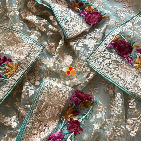 anokherang Dupattas Spring Green Embroidered Parsi Gara Net Multicolor Thread Work Dupatta