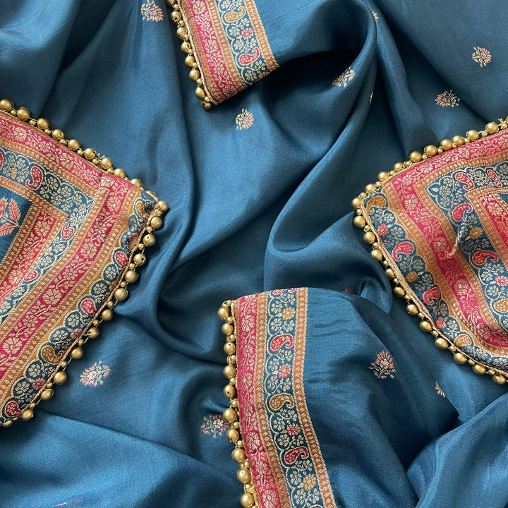 anokherang Dupattas Teal Blue Banarasi Silk  Paisley Dupatta