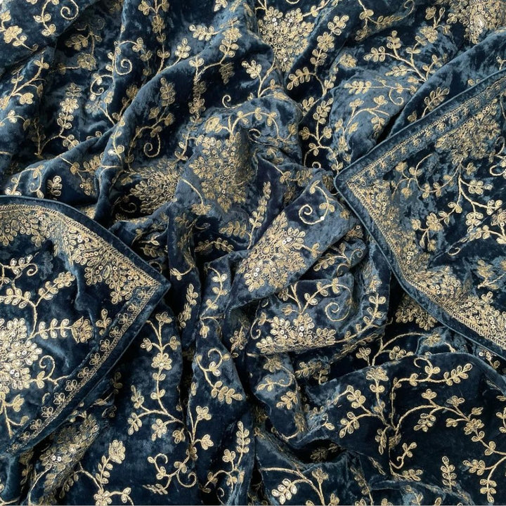 anokherang Dupattas Teal Blue Floral Grace Zari Embroidered Velvet Dupatta