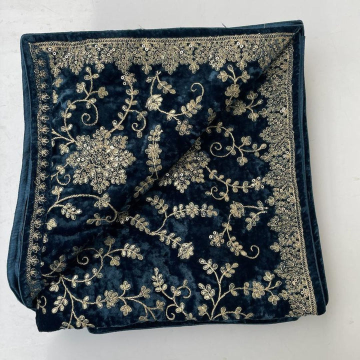 anokherang Dupattas Teal Blue Floral Grace Zari Embroidered Velvet Dupatta
