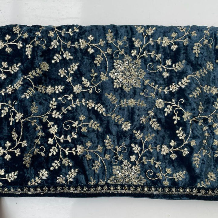 anokherang Dupattas Teal Blue Floral Grace Zari Embroidered Velvet Dupatta