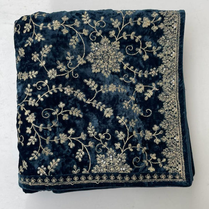 anokherang Dupattas Teal Blue Floral Grace Zari Embroidered Velvet Dupatta