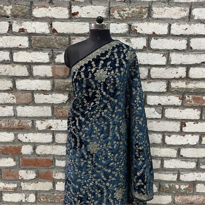 anokherang Dupattas Teal Blue Floral Grace Zari Embroidered Velvet Dupatta