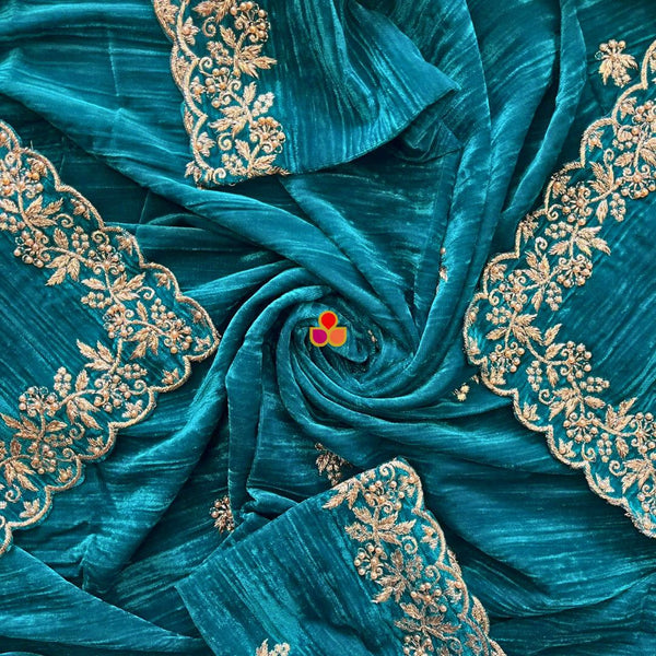 anokherang Dupattas Teal Green Zari Embroidered Soft Crushed Velvet Scalloped Dupatta