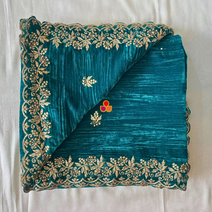 anokherang Dupattas Teal Green Zari Embroidered Soft Crushed Velvet Scalloped Dupatta