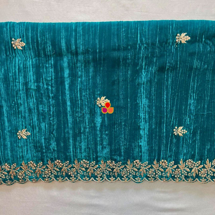 anokherang Dupattas Teal Green Zari Embroidered Soft Crushed Velvet Scalloped Dupatta