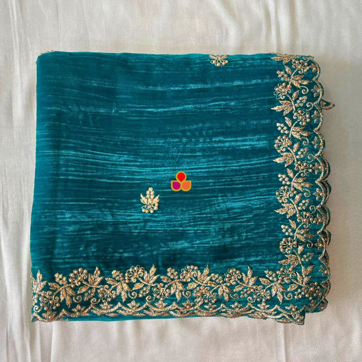 anokherang Dupattas Teal Green Zari Embroidered Soft Crushed Velvet Scalloped Dupatta