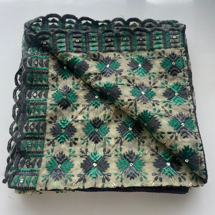anokherang Dupattas Teal Grey Threadwork Sequin Embroidered Organza Dupatta