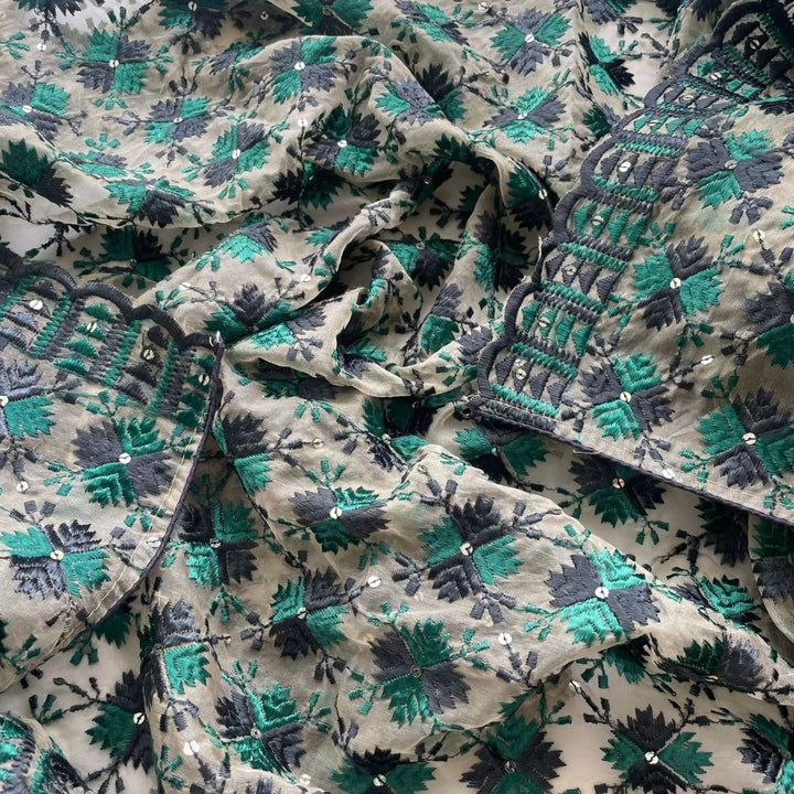 anokherang Dupattas Teal Grey Threadwork Sequin Embroidered Organza Dupatta