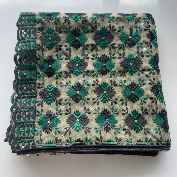 anokherang Dupattas Teal Grey Threadwork Sequin Embroidered Organza Dupatta