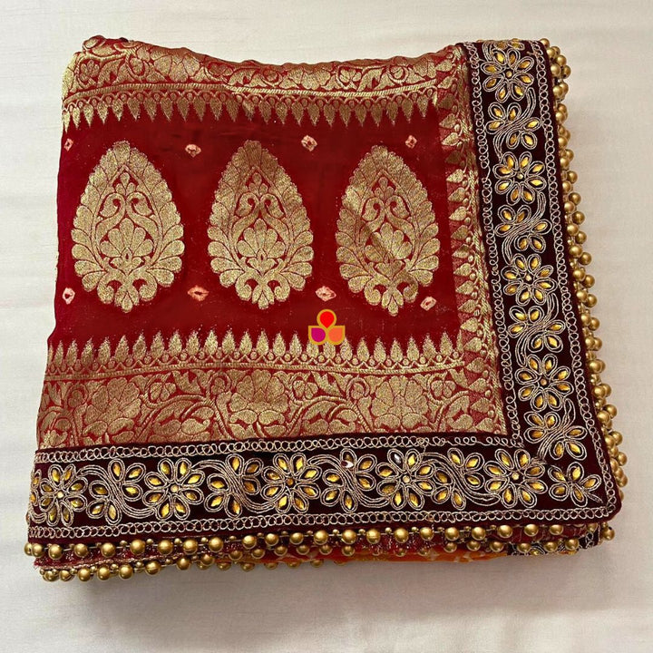 anokherang Dupattas Traditional Bridal Orange and Maroon Banarsi Kundan Dupatta
