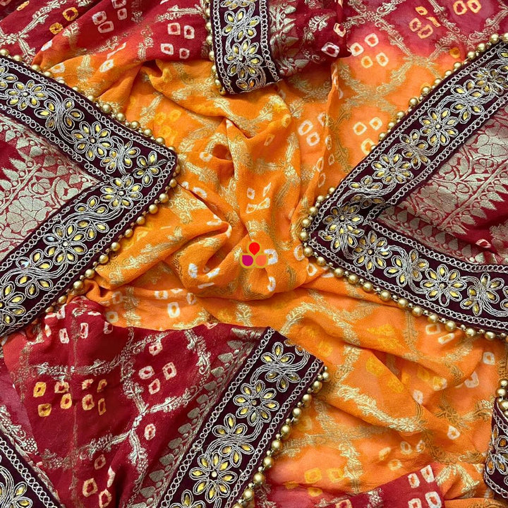 anokherang Dupattas Traditional Bridal Orange and Maroon Banarsi Kundan Dupatta