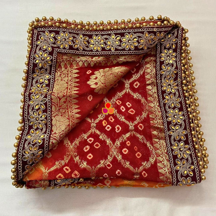anokherang Dupattas Traditional Bridal Orange and Maroon Banarsi Kundan Dupatta