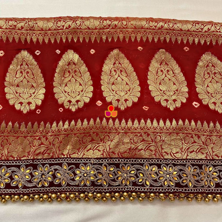 anokherang Dupattas Traditional Bridal Orange and Maroon Banarsi Kundan Dupatta