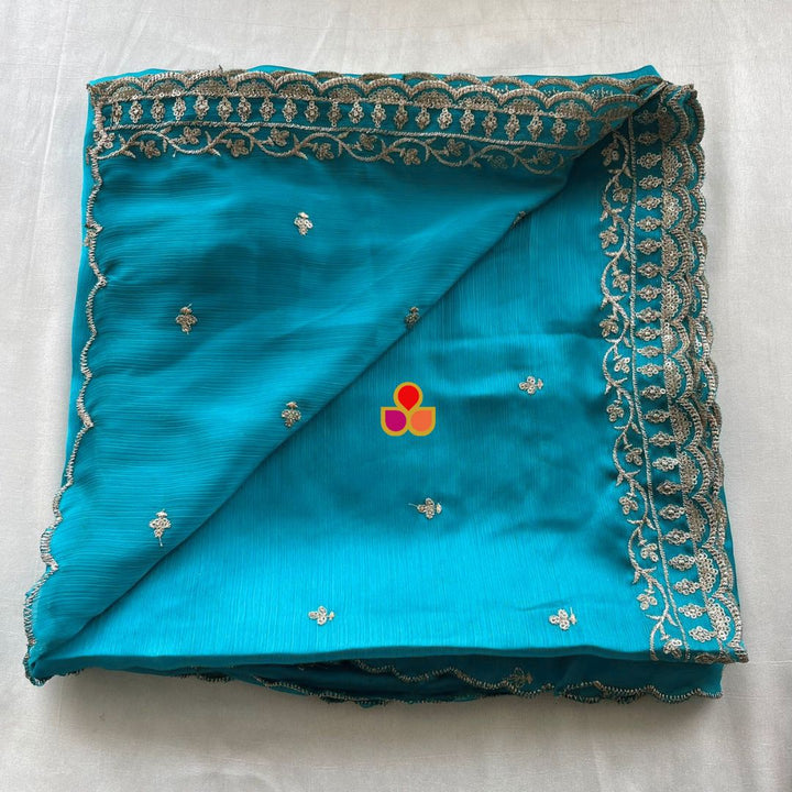 anokherang Dupattas Turquoise Blue Textured Chinon Dupatta