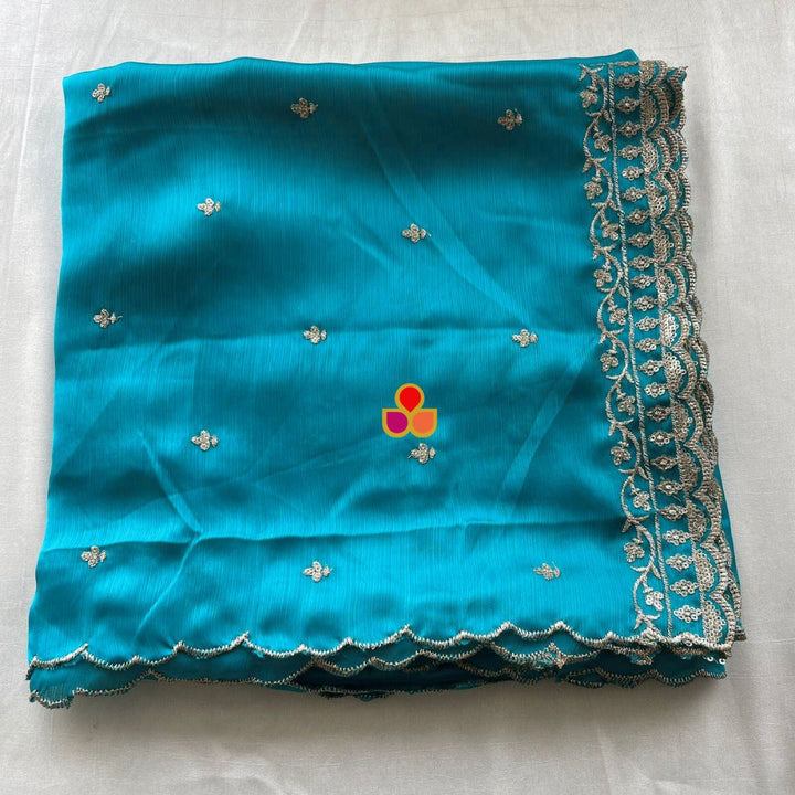 anokherang Dupattas Turquoise Blue Textured Chinon Dupatta