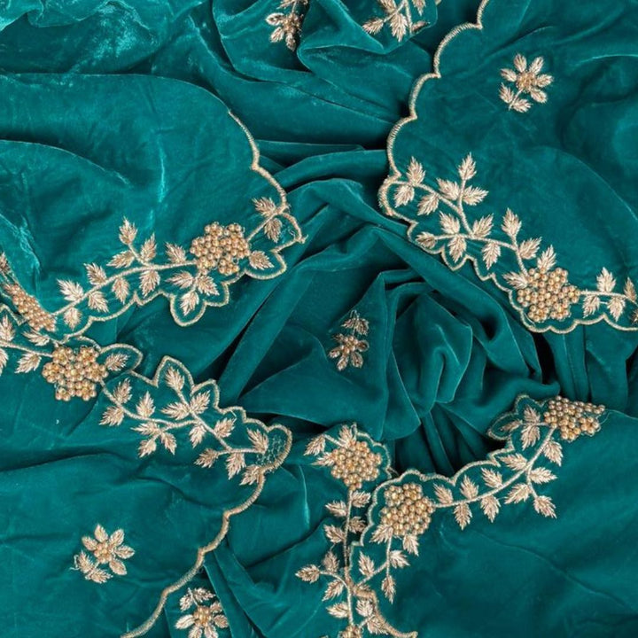 anokherang Dupattas Turquoise Cutwork Embroidered Soft Velvet Dupatta