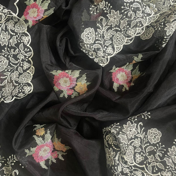 anokherang Dupattas Twilight Black Multicolor Thread Organza Dupatta