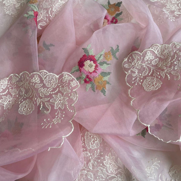 anokherang Dupattas Twilight Pink Multicolor Thread Organza Dupatta
