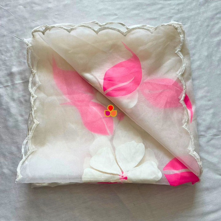 anokherang Dupattas White and Pink Floral Hand Painted Organza Dupatta