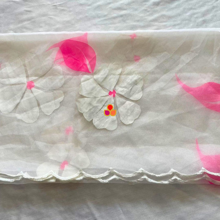anokherang Dupattas White and Pink Floral Hand Painted Organza Dupatta