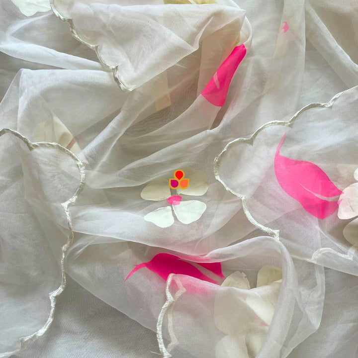 anokherang Dupattas White and Pink Floral Hand Painted Organza Dupatta