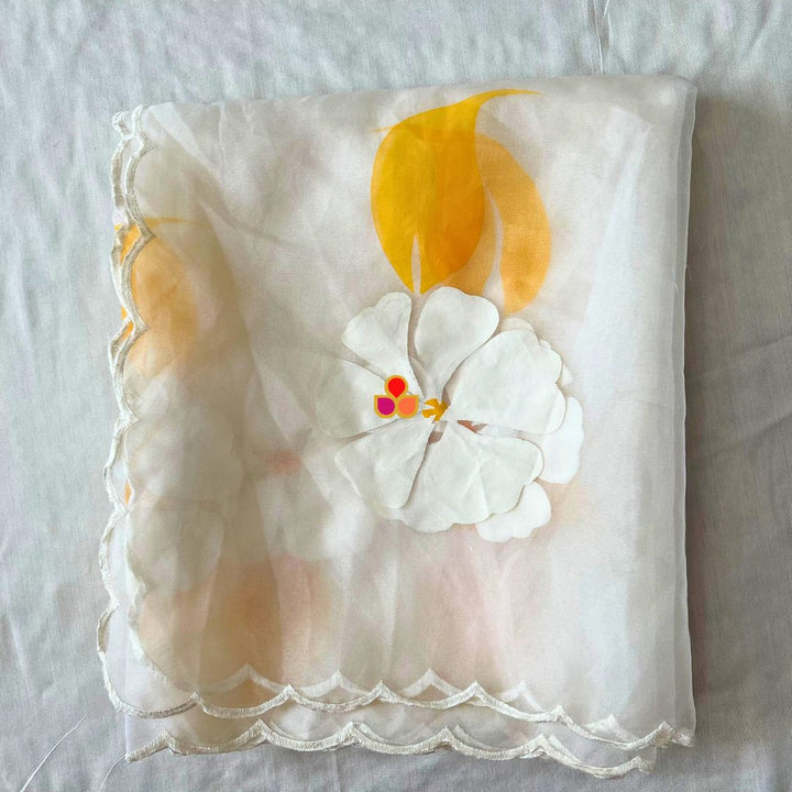 anokherang Dupattas White and Yellow Floral Hand Painted Organza Dupatta