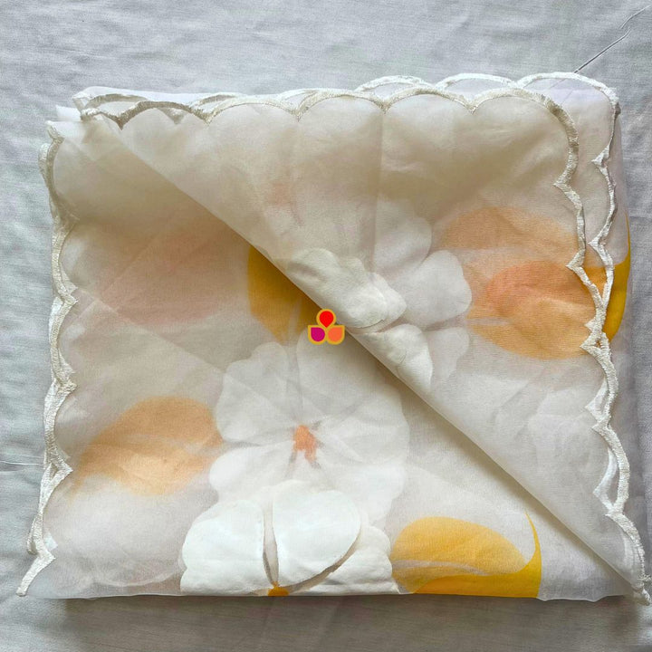 anokherang Dupattas White and Yellow Floral Hand Painted Organza Dupatta
