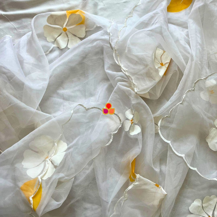 anokherang Dupattas White and Yellow Floral Hand Painted Organza Dupatta