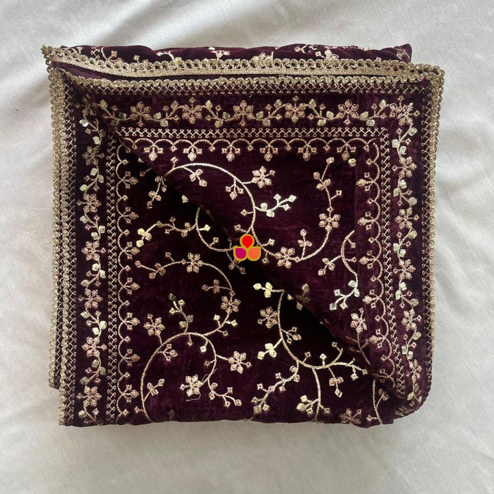 anokherang Dupattas Wine Floral Grace Sequin Zari Embroidered Velvet Dupatta