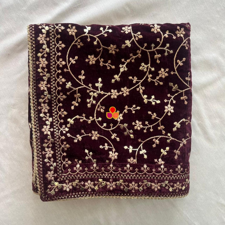 anokherang Dupattas Wine Floral Grace Sequin Zari Embroidered Velvet Dupatta