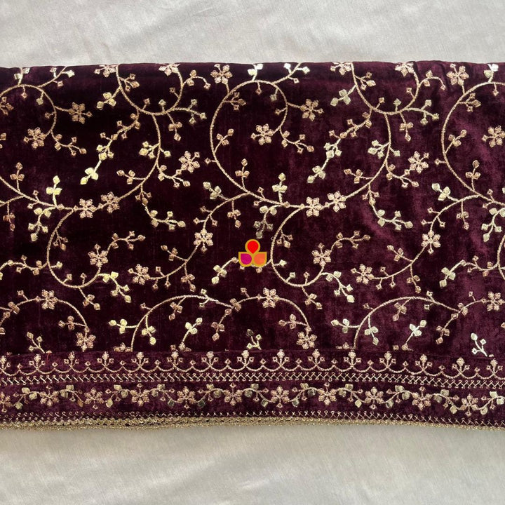 anokherang Dupattas Wine Floral Grace Sequin Zari Embroidered Velvet Dupatta