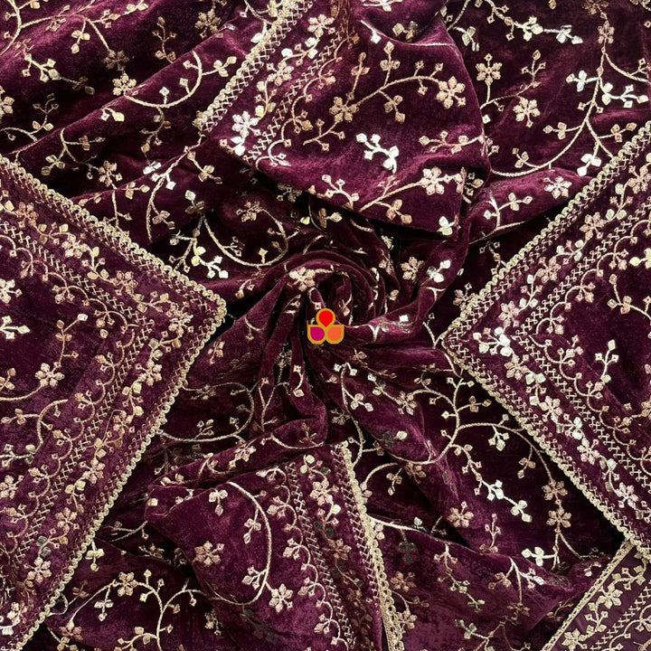 anokherang Dupattas Wine Floral Grace Sequin Zari Embroidered Velvet Dupatta