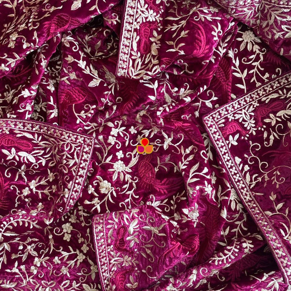 anokherang Dupattas Wine Kashmiri Thread Embroidered Velvet Stole