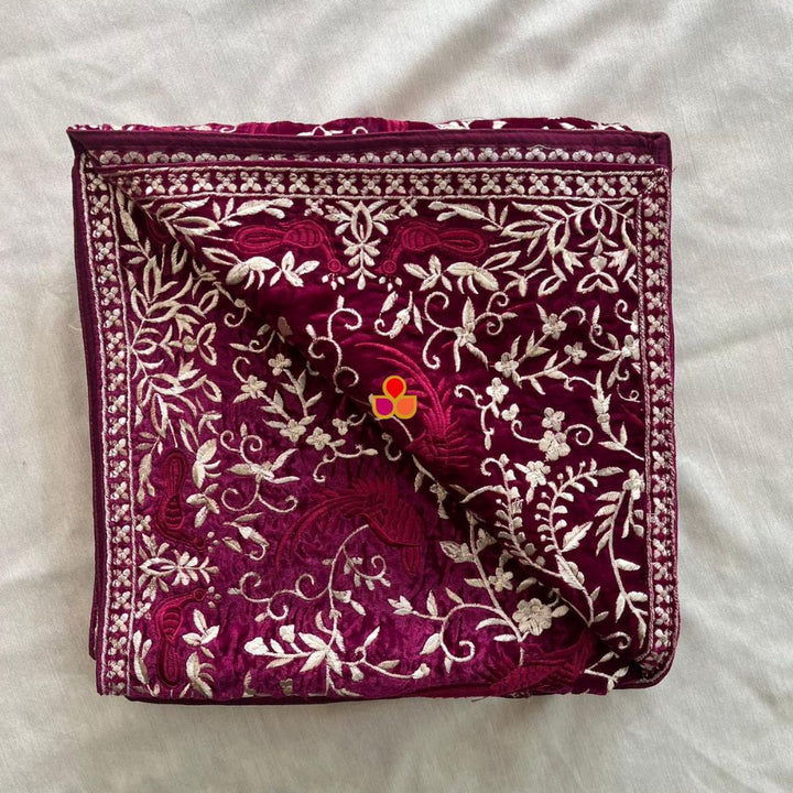 anokherang Dupattas Wine Kashmiri Thread Embroidered Velvet Stole