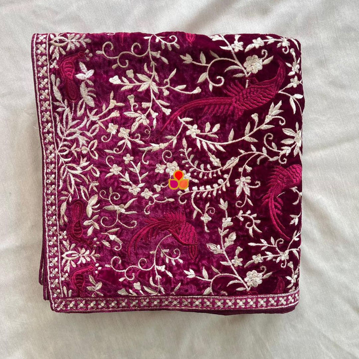 anokherang Dupattas Wine Kashmiri Thread Embroidered Velvet Stole