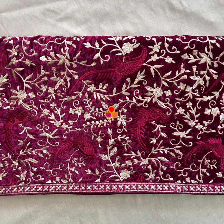anokherang Dupattas Wine Kashmiri Thread Embroidered Velvet Stole