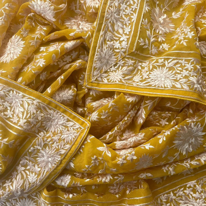 anokherang Dupattas Yellow Embroidered Parsi Gara Georgette White Thread Work Dupatta