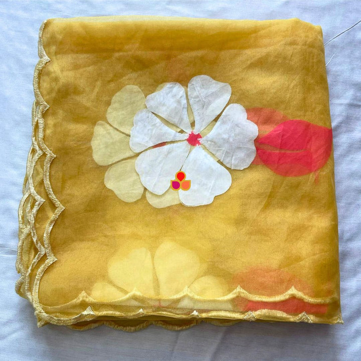 anokherang Dupattas Yellow Floral Hand Painted Organza Dupatta