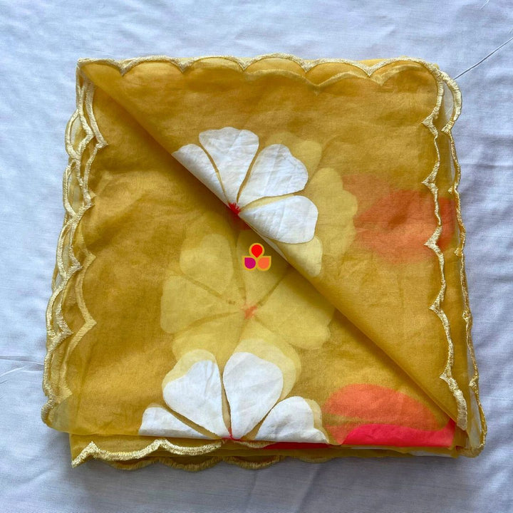 anokherang Dupattas Yellow Floral Hand Painted Organza Dupatta