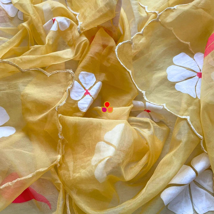 anokherang Dupattas Yellow Floral Hand Painted Organza Dupatta