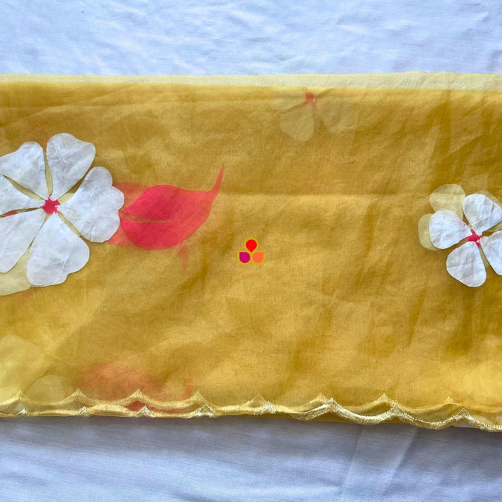 anokherang Dupattas Yellow Floral Hand Painted Organza Dupatta