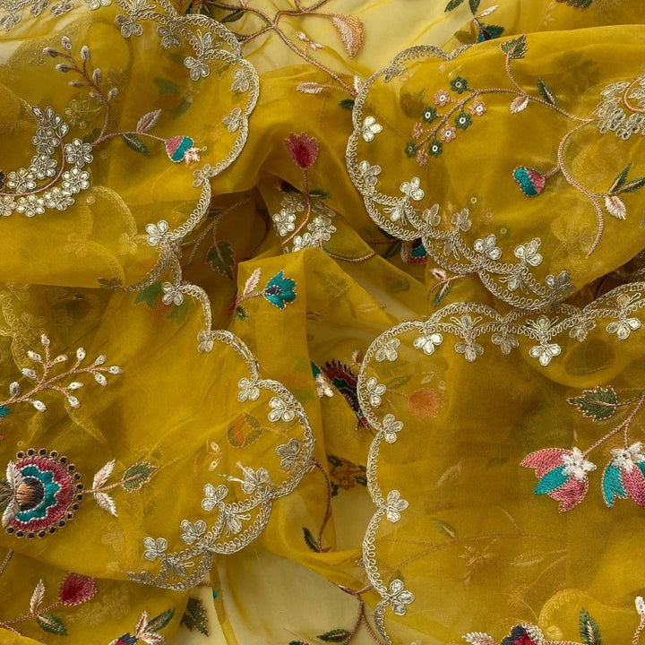 anokherang Dupattas Yellow Floral Thread Embroidered Scalloped Organza Dupatta