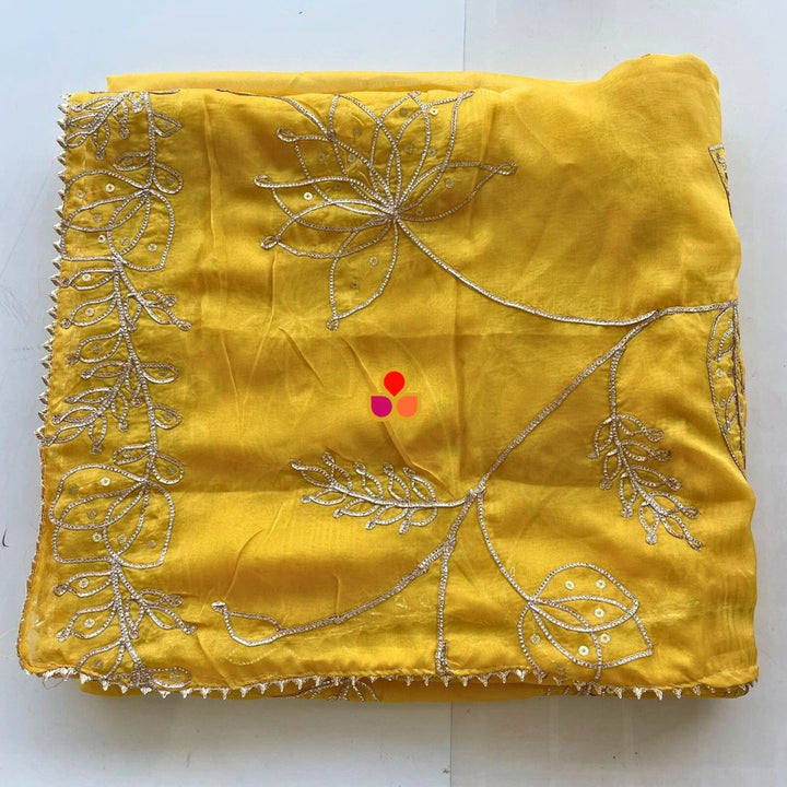 anokherang Dupattas Yellow Magic Floral Gotta Embroidered Organza Dupatta