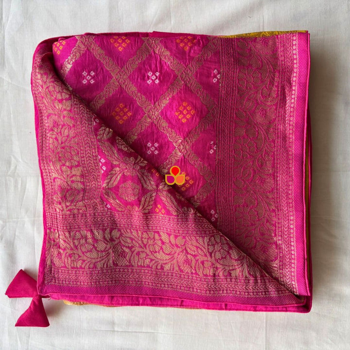 anokherang Dupattas Yellow Pink Festive Banarasi Bandhej Dupatta