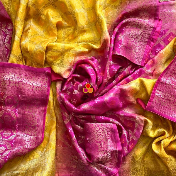anokherang Dupattas Yellow Pink Festive Banarasi Bandhej Dupatta
