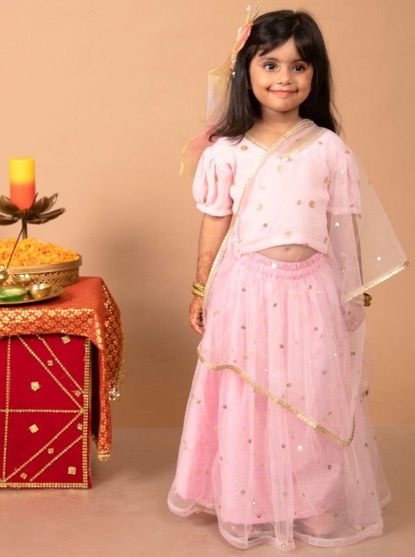 anokherang Kids Suits Baby Pink Sequin Choli with Sequin Skirt and Dupatta
