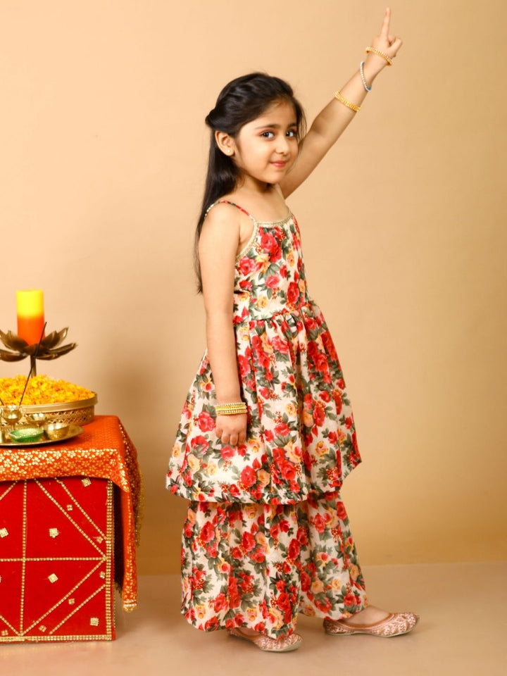 anokherang Kids Suits Beige Floral Anarkali with Palazzo for Girls